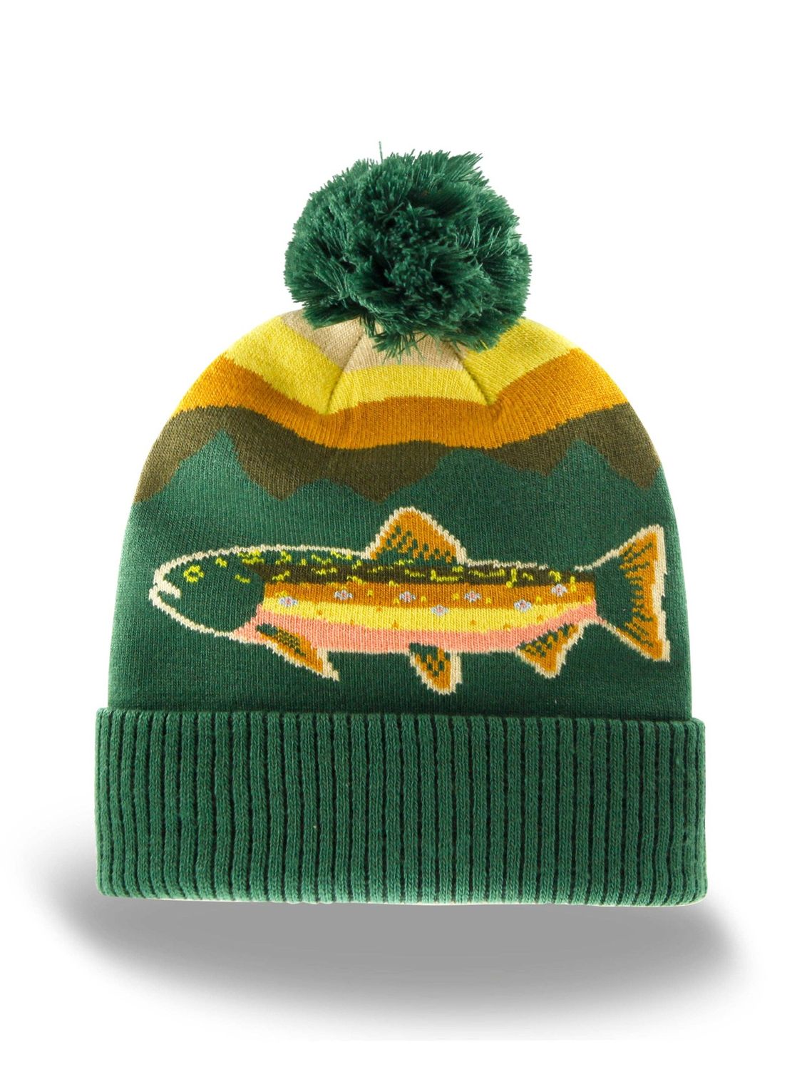 Rainbow Trout Knit Beanie Hat with Pom | Outdoor Fishing Mountain Winter Ribbed Cuffed Cap: RAINBOW TROUT