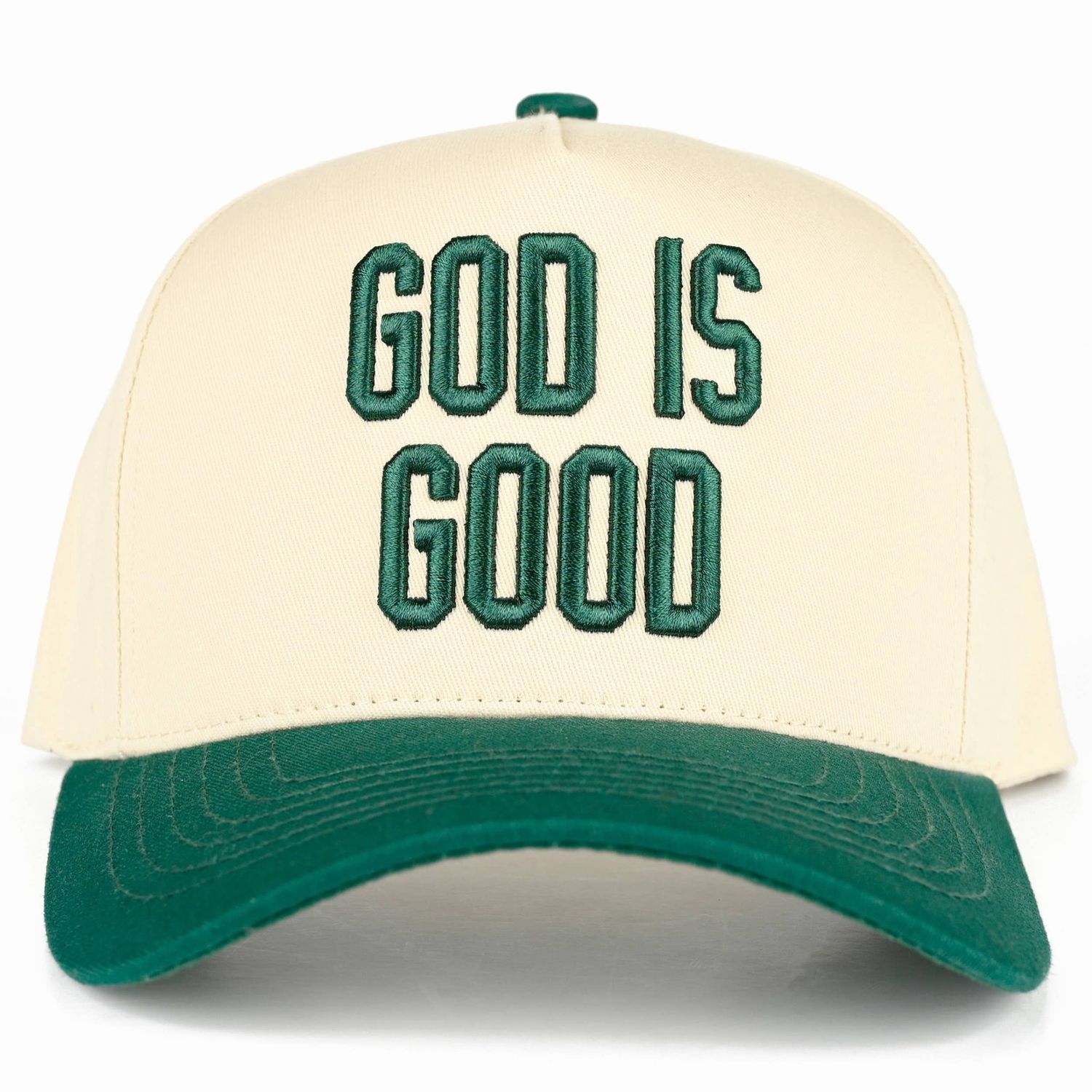 C.C GOD IS GOOD Embroidered Letter Two Tone Trucker Hat: Dark Green