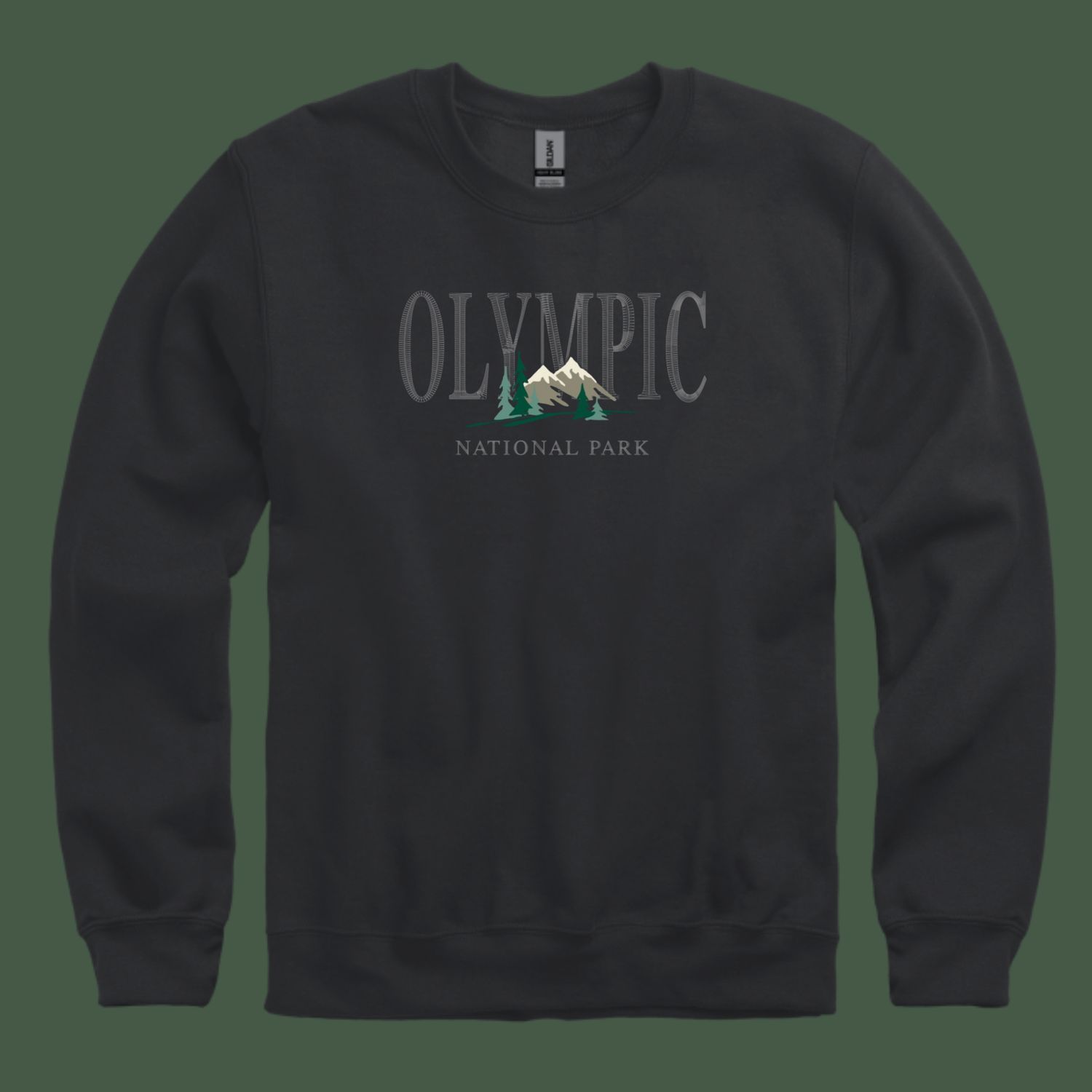 Olympic Mountain Full Front Embroidered Crewneck Sweatshirt, Color: Black, Size: Small