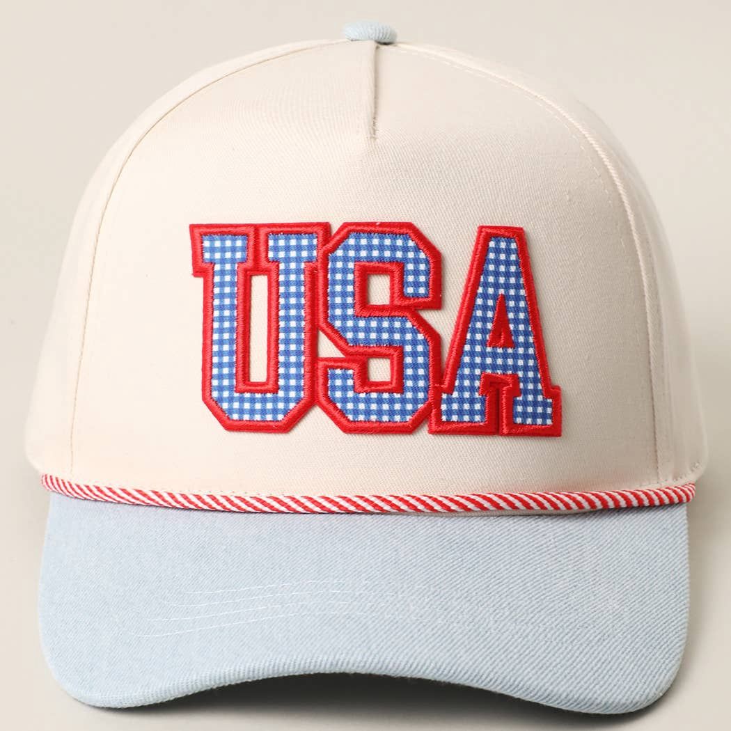 USA Gingham Letter Patch Star Brim Denim Trucker Hat: LT DENIM / ONE SIZE