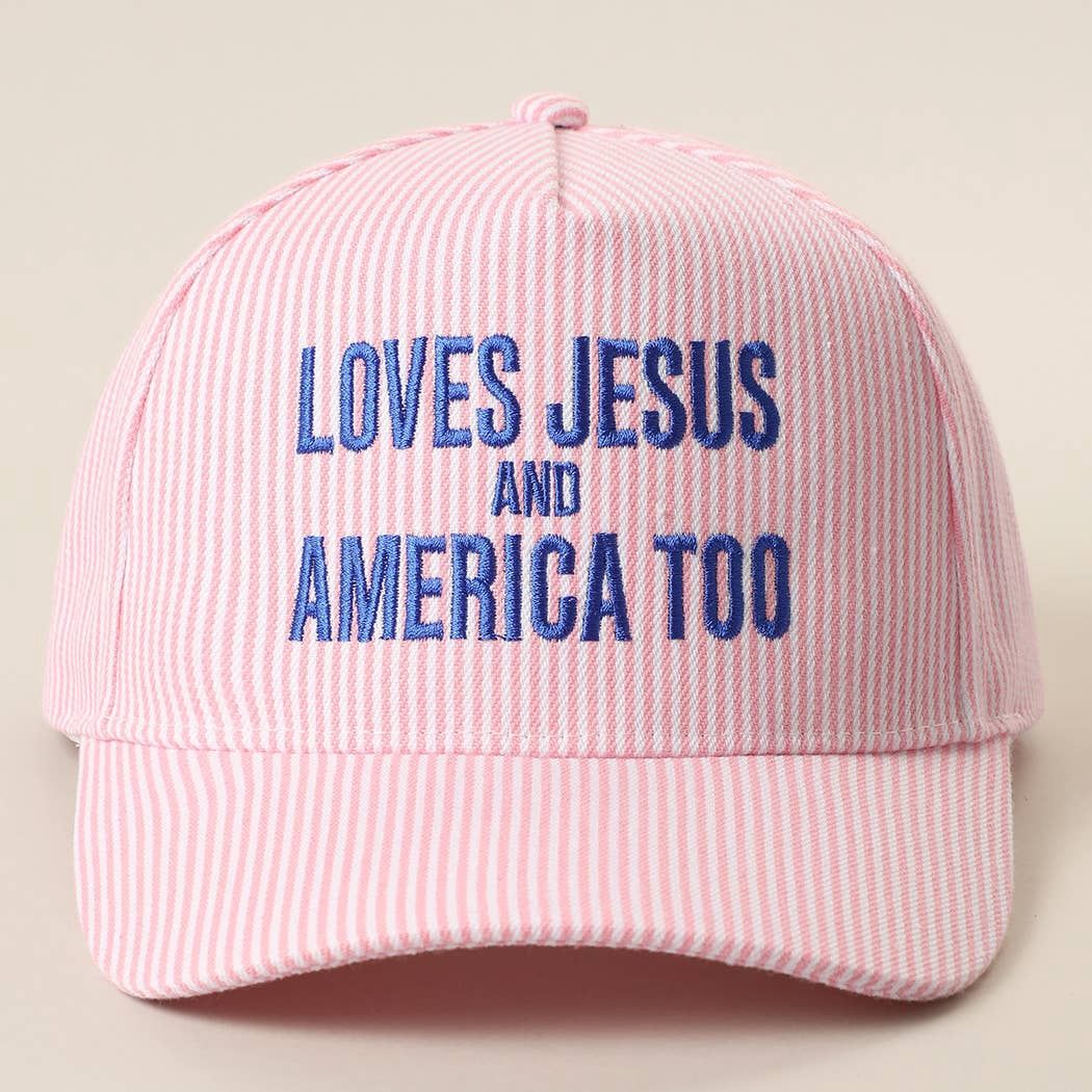 LOVES JESUS AND AMERICA TOO Embroidered Seersucker Hat: PINK / ONE SIZE