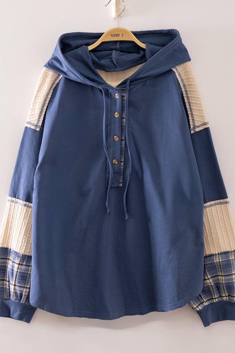 Plaid Contrast Hoodie Pullover: DENIM