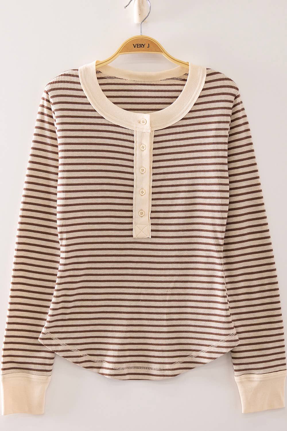 Striped Ribbed Henley Long Sleeve Top: OATMEAL/CHOCO