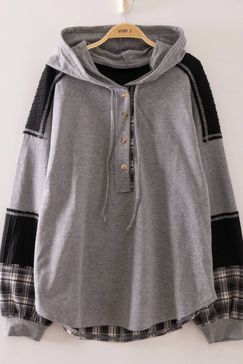 Plaid Contrast Hoodie Pullover: H GREY