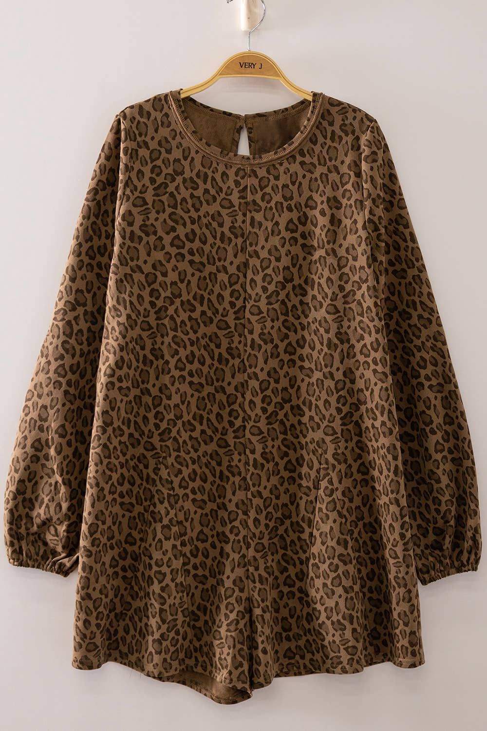 Print Long Sleeve Romper: MOCHA LEOPARD