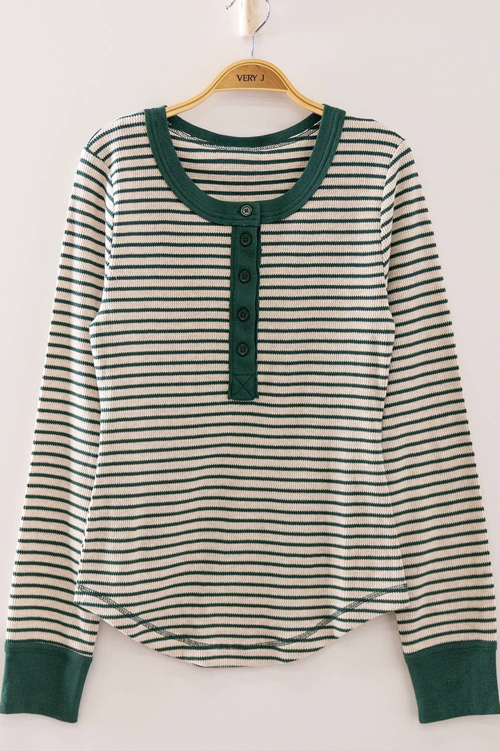 Striped Ribbed Henley Long Sleeve Top GREEN/OATMEAL