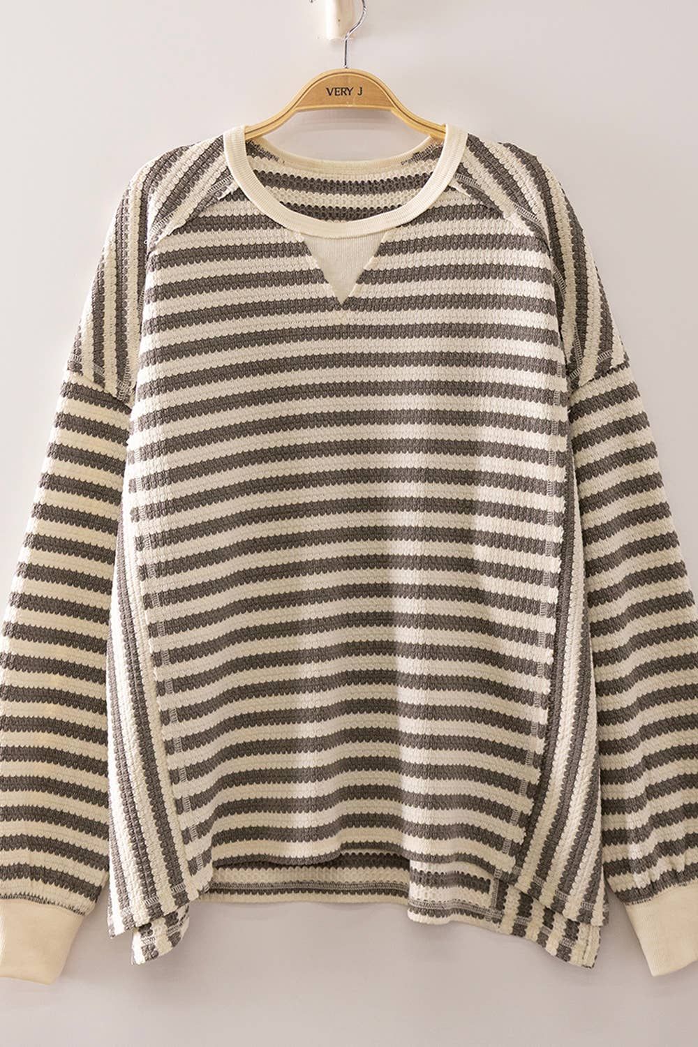 Stripe Waffle Top: GRAY/CREAM
