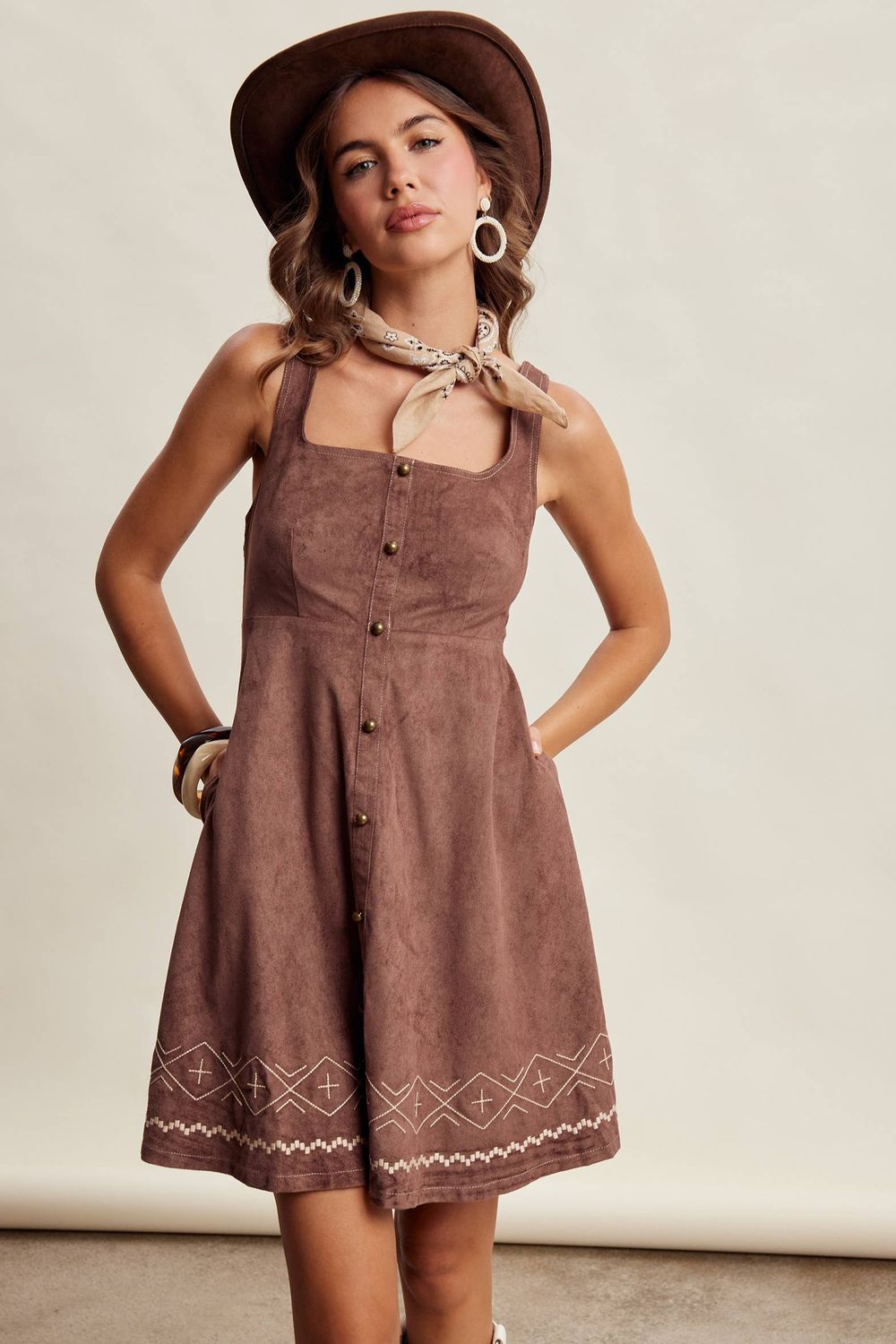 Embroidered Faux Suede Western Dress Mocha