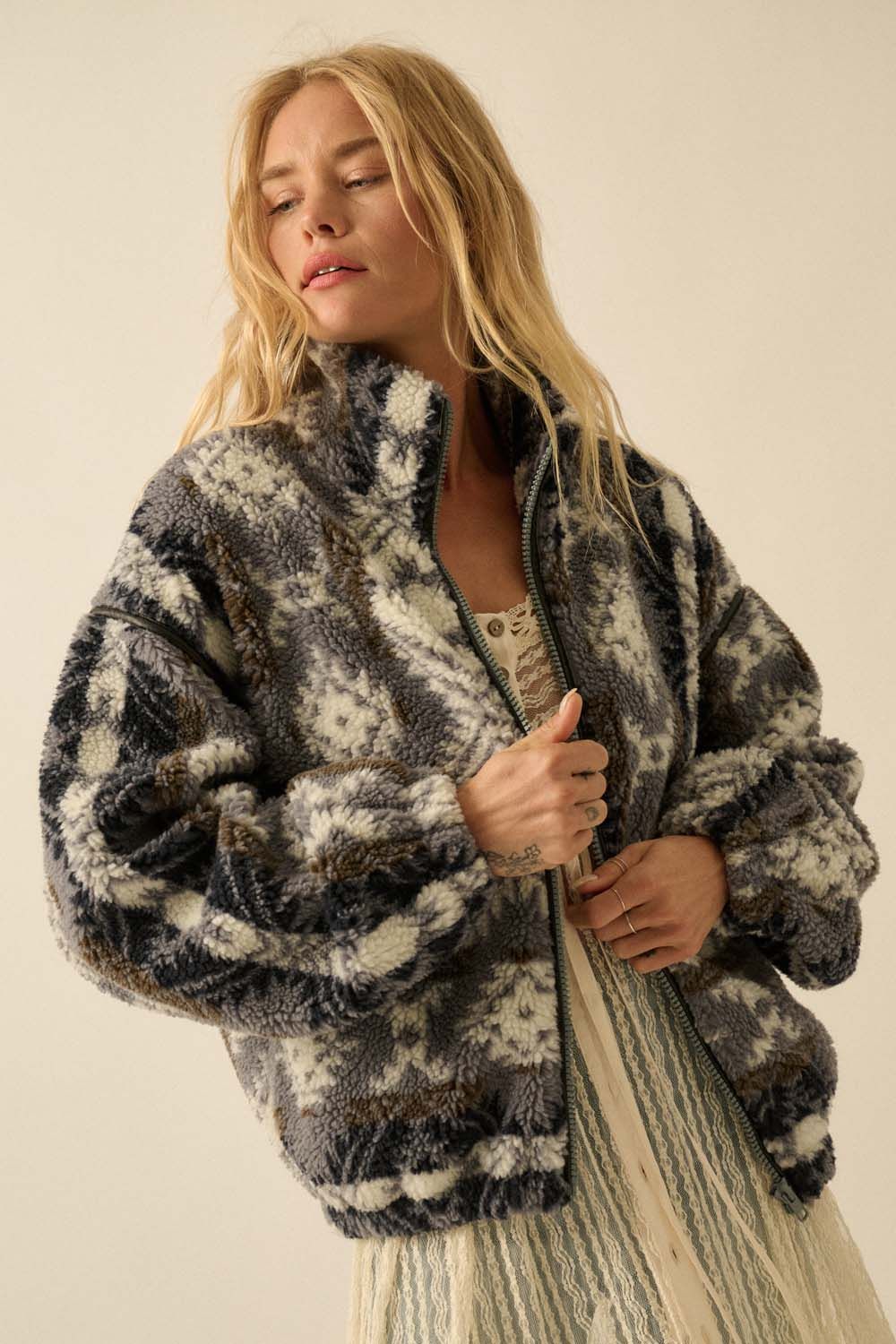 Geometric Print Sherpa Fleece Zip Up Jacket