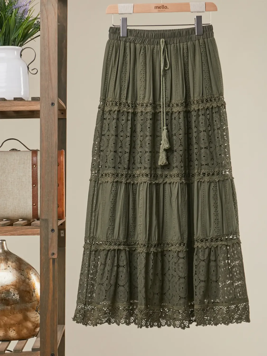 Elastic Waist Maxi Skirt with Lace Trim
