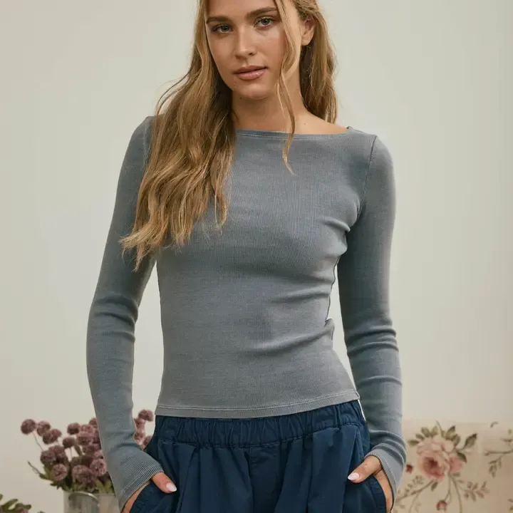 Boat Neck Long Sleeve Ribbed Knit Top