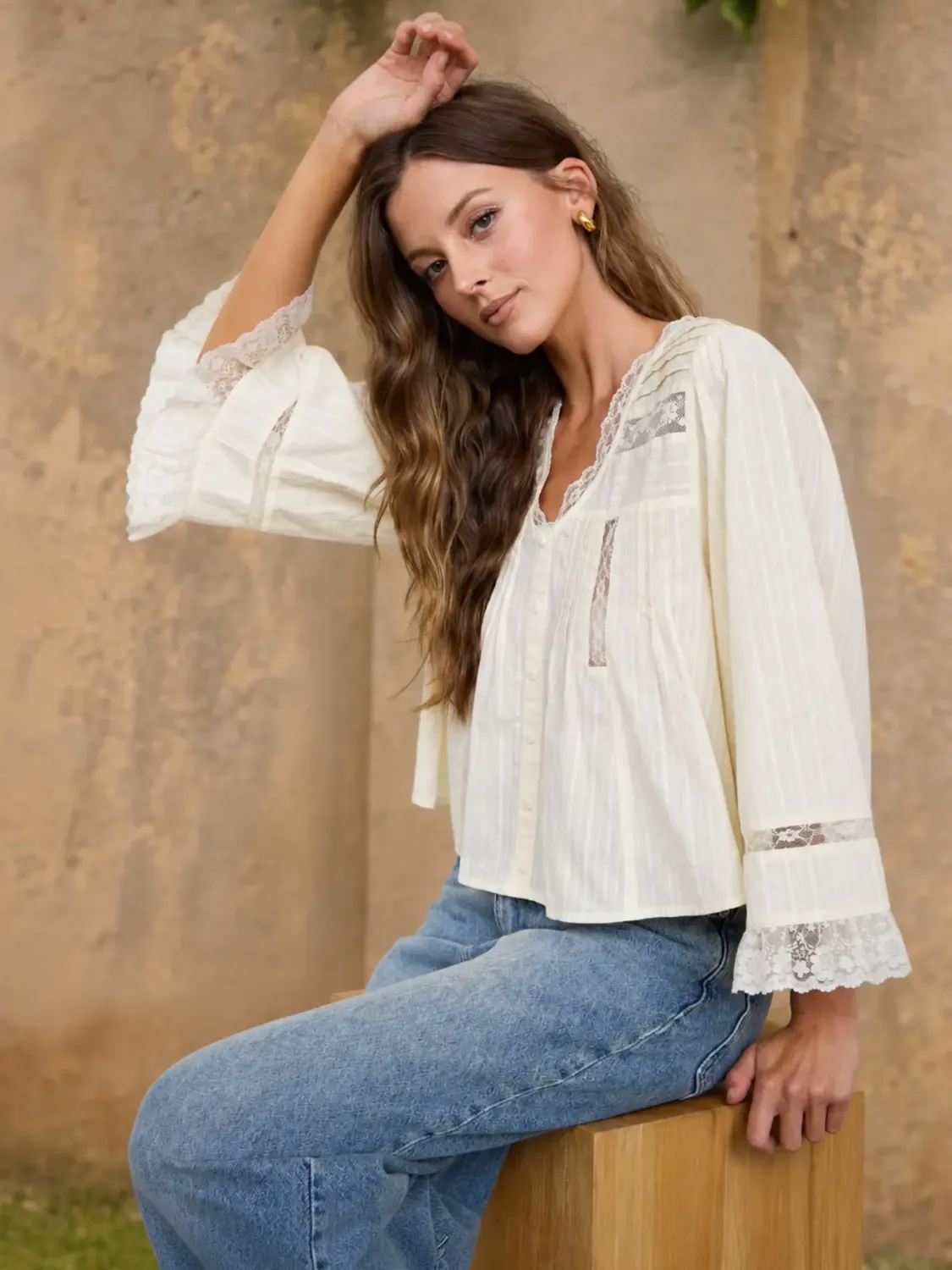 Textured Stripe Lace Trim Pleated Button Down Top