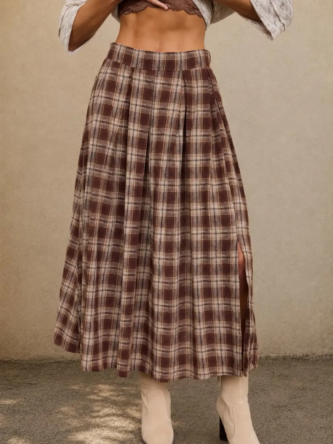 Plaid Pleated Side Slit Midi Skirt