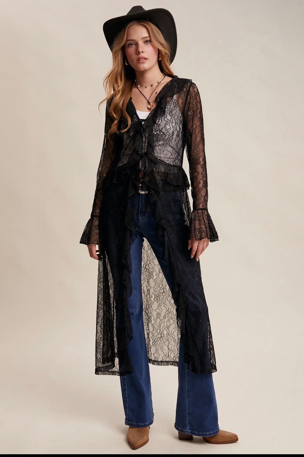 Black Sheer Lace Ruffle Duster