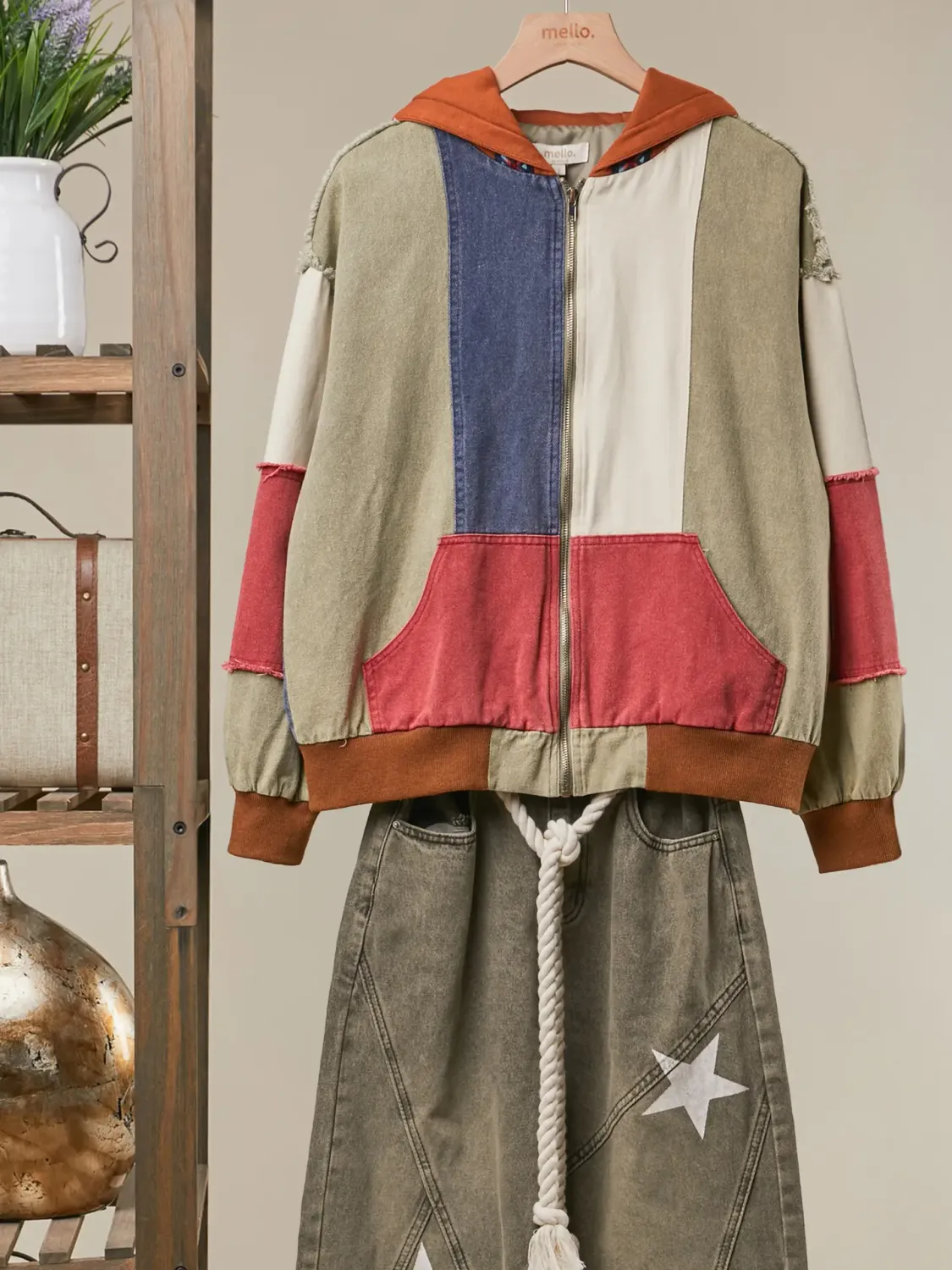 Washed Color Block Patchwork Hoodie