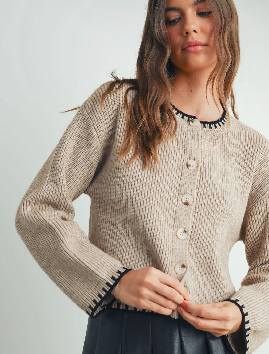 Women's Crewneck Cardigan Sweater - Taupe