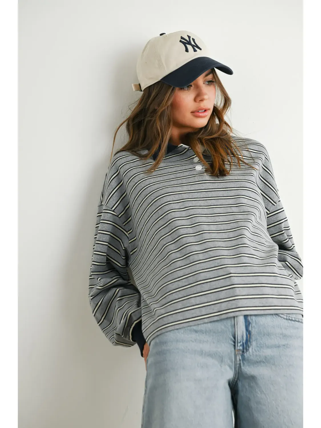Quarter-Button Striped Collared Long Sleeve Top