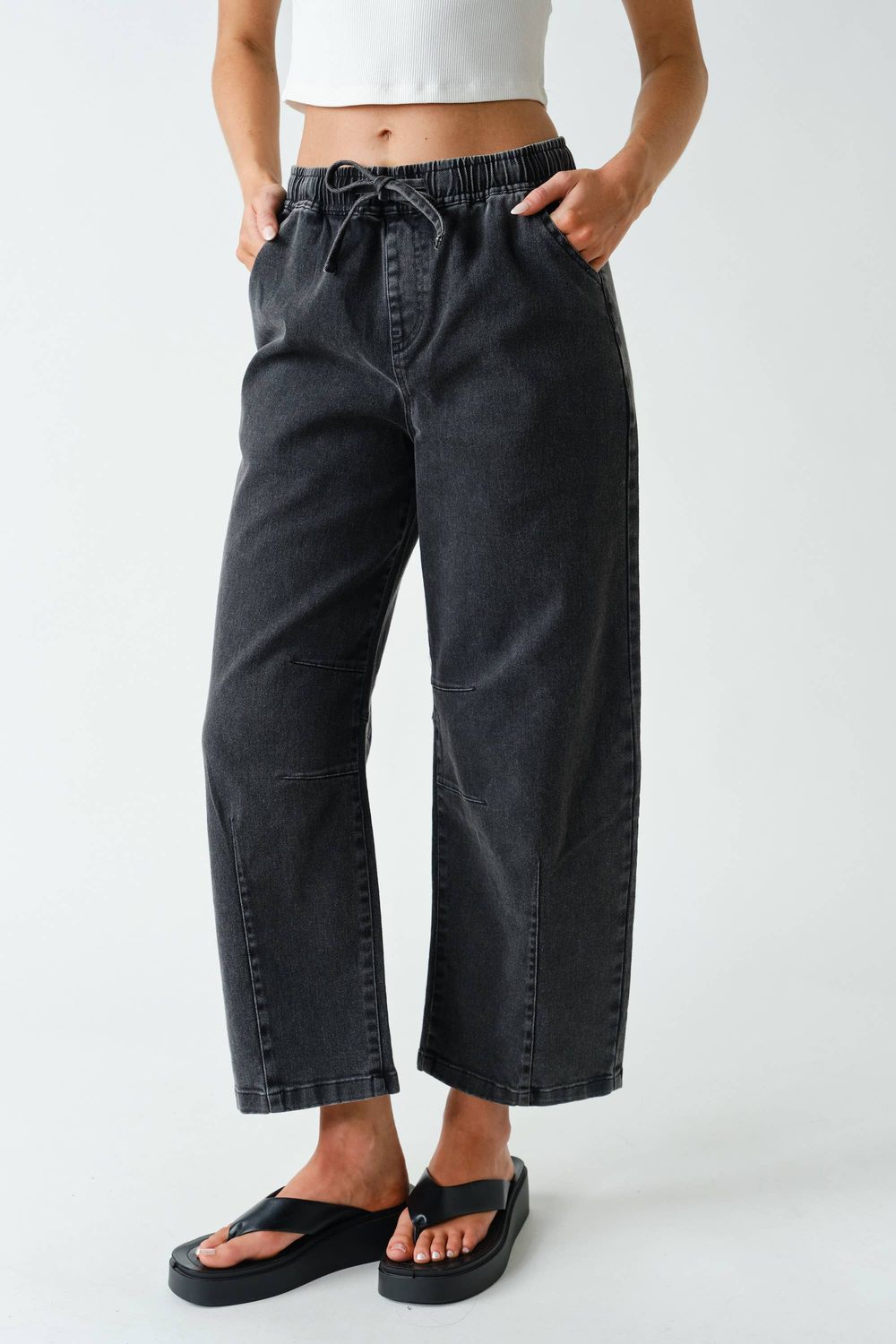 Denim Acid-Wash Drawstring Pull-On Pants: CHARCOAL