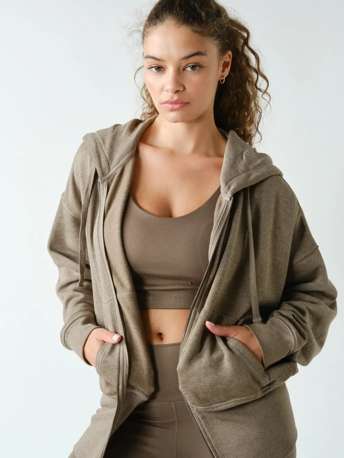 Fleece Hoodie Jacket with Tapered Sleeves, Color: Truffle, Size: Small