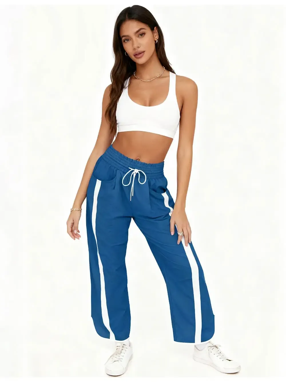 Ladies Color Block Striped Elastic Tie Waist Wide Leg Pants