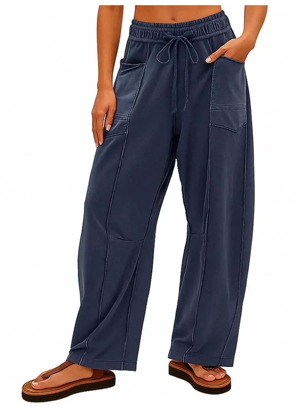 Ladies Contrast Stitching Elastic Waist Drawstring Barrel Pants