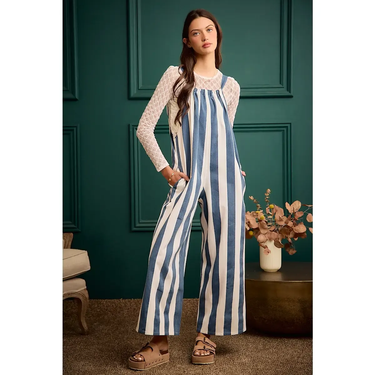Vintage Washed Twiill Stripe Romper with Adjustable Strap