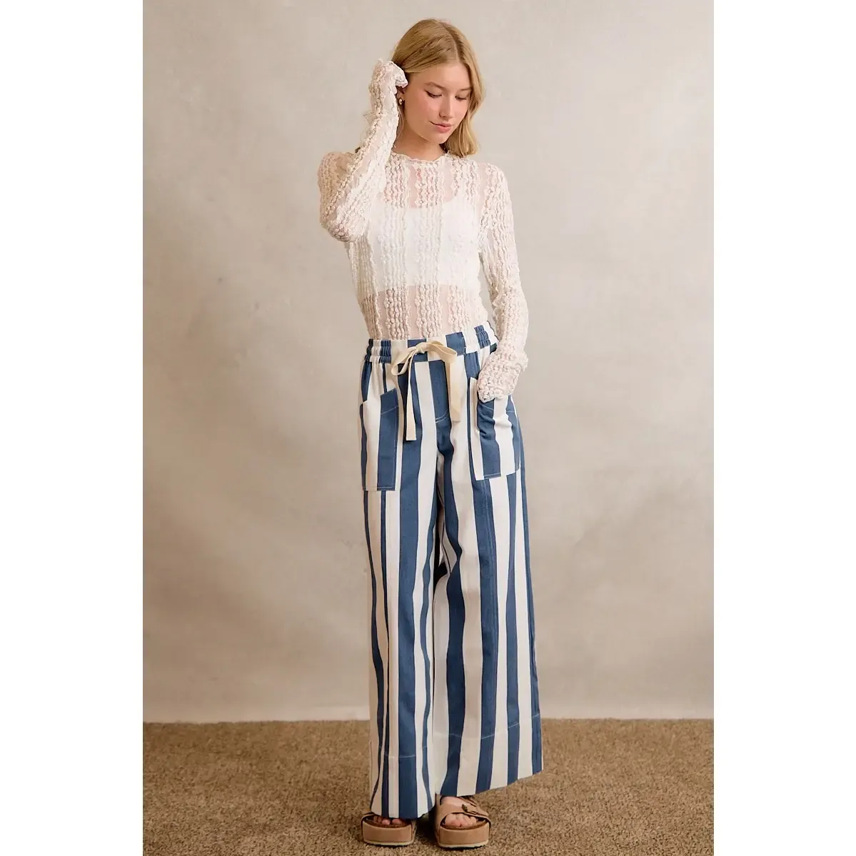 Stripe Cotton Twill Elasticized Waist Wide Pants