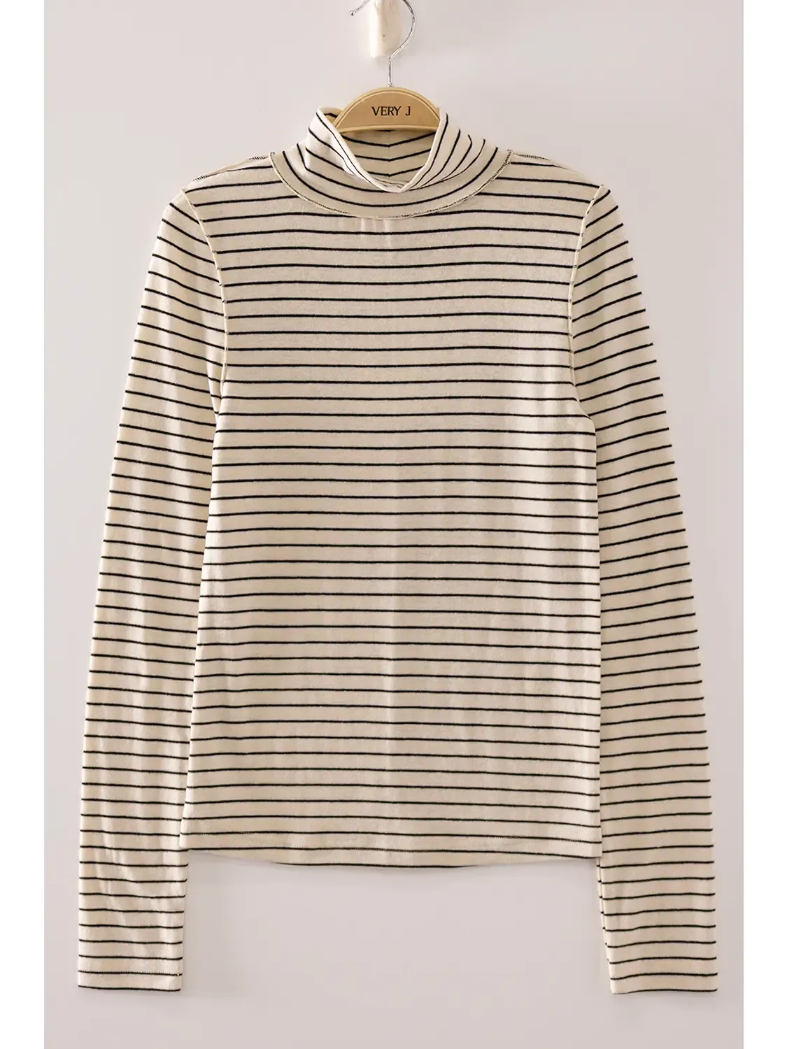 Striped Mock Neck Long Sleeve Top, Color: Cream, Size: Small
