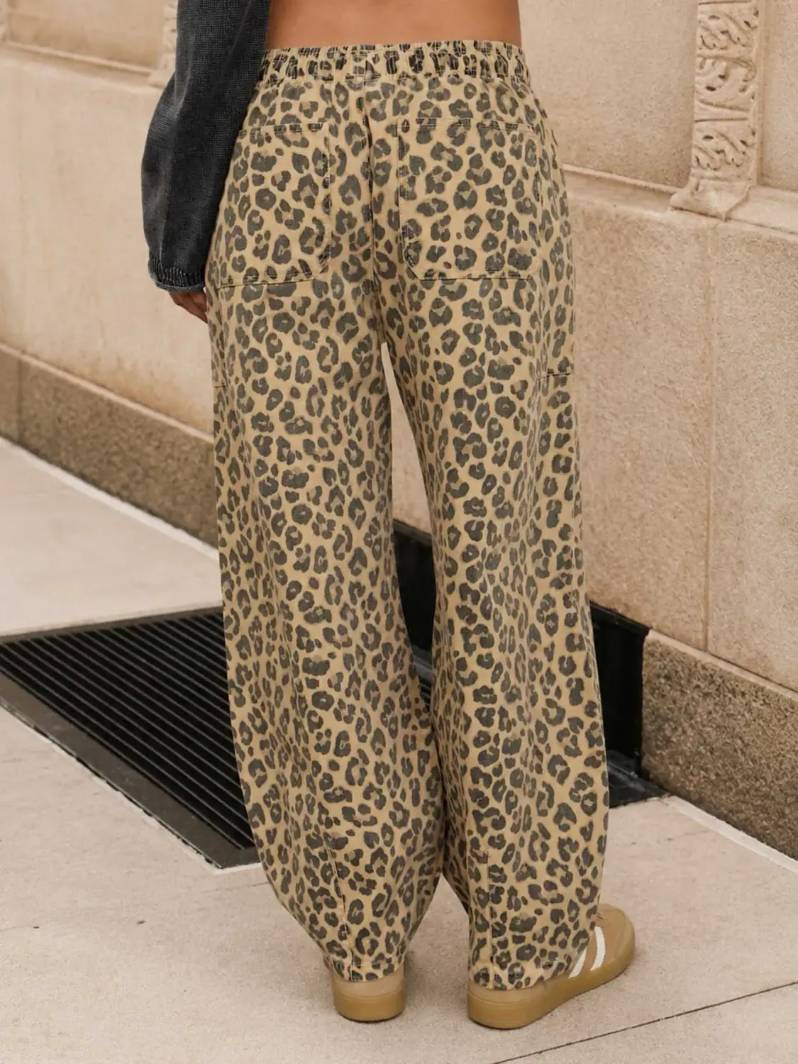 Leopard Print Drawstring Barrel Pants
