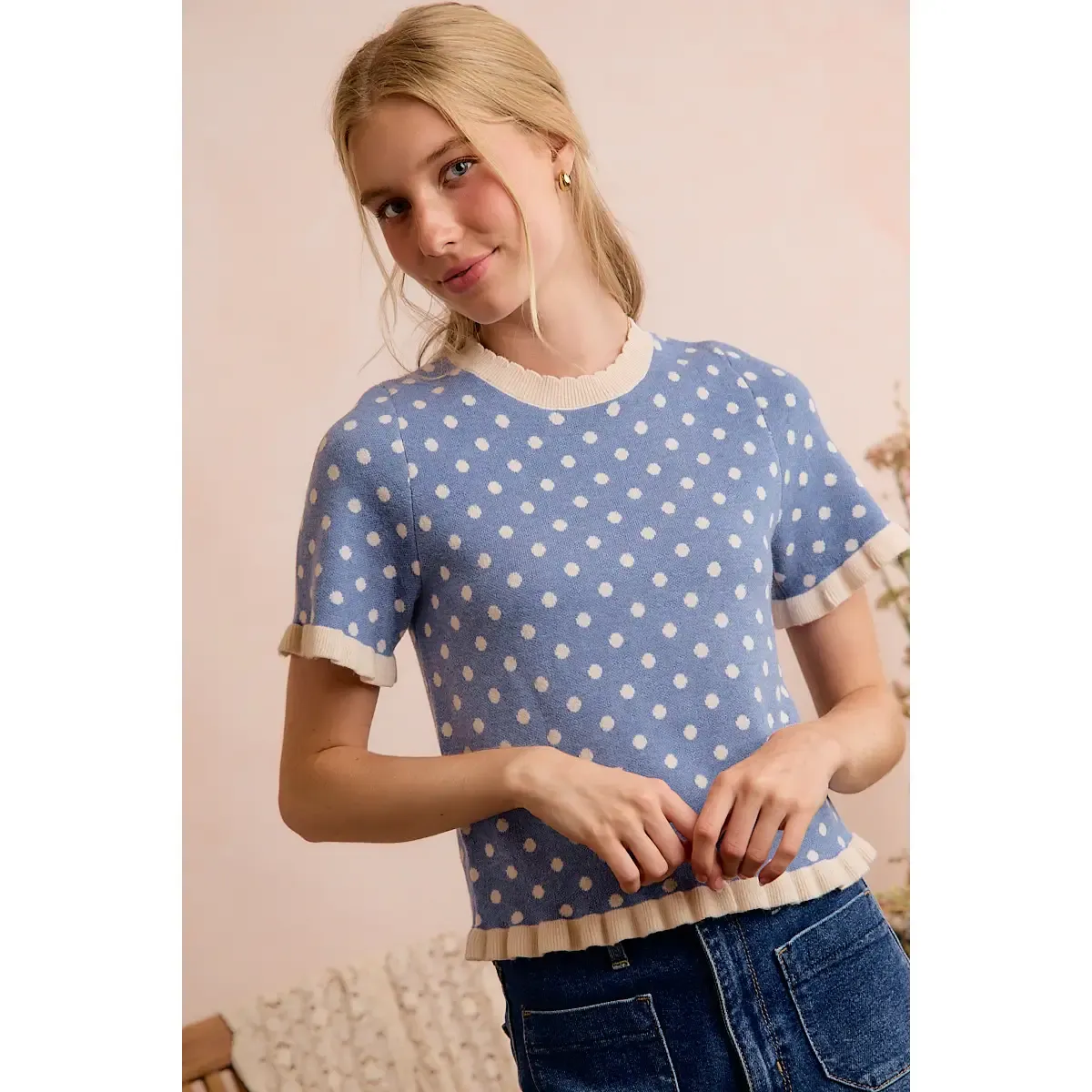 Polka Dot Ruffled Short Sleeves Sweater Knit Top