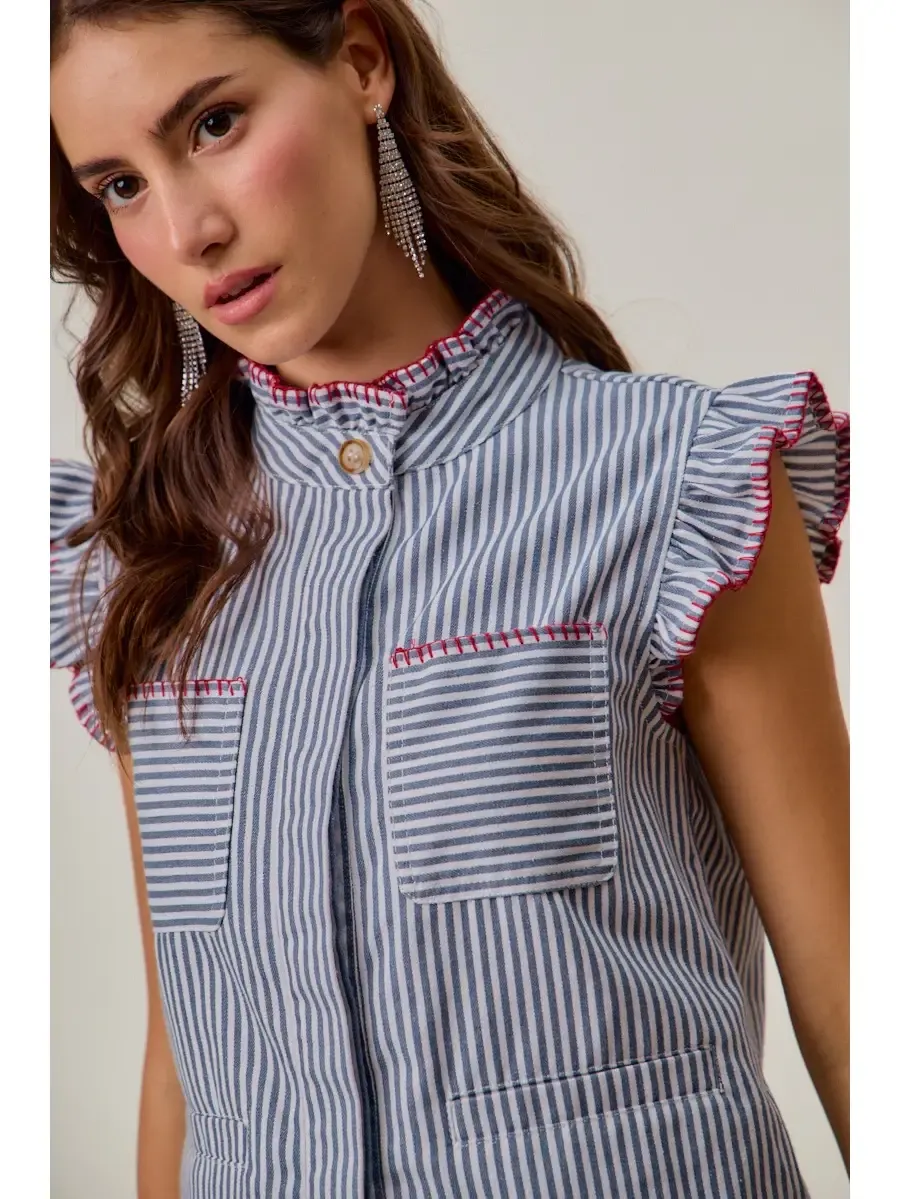 Stripe Twill Stitch Ruffled Hidden Button Vest Top