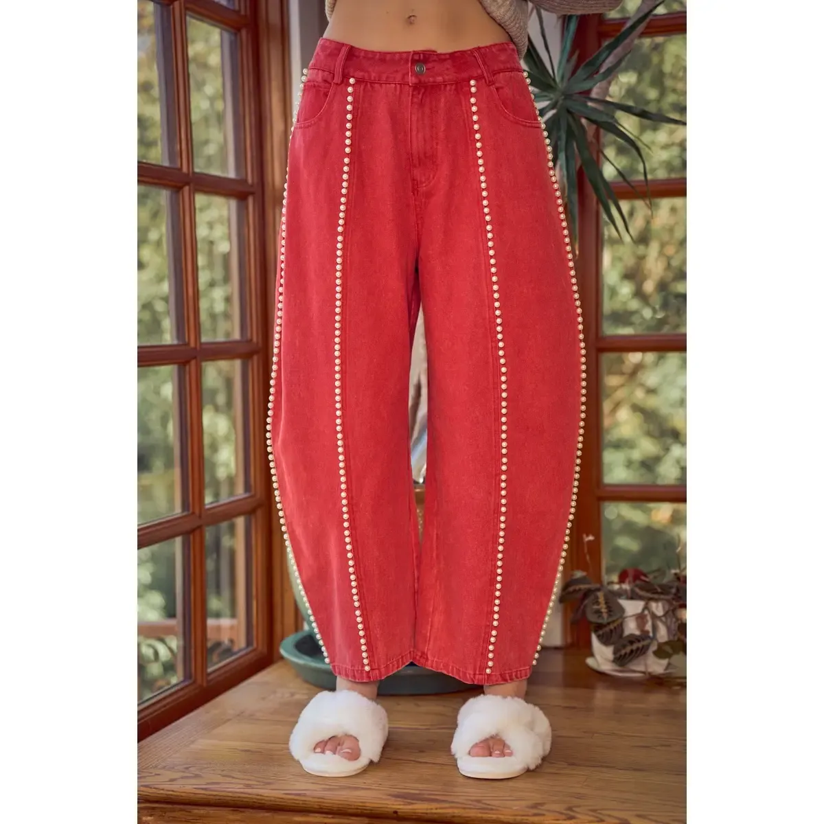 Red Denim Jeans with Pearl Center Detail