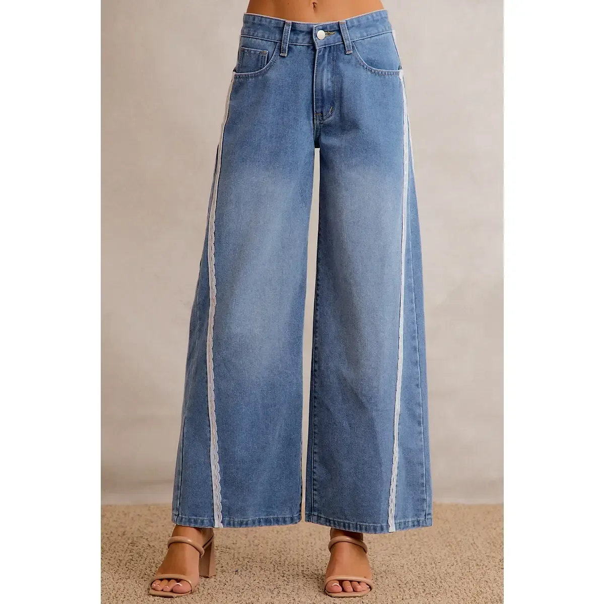 Lace Trim Wide Bottom Denim Pants