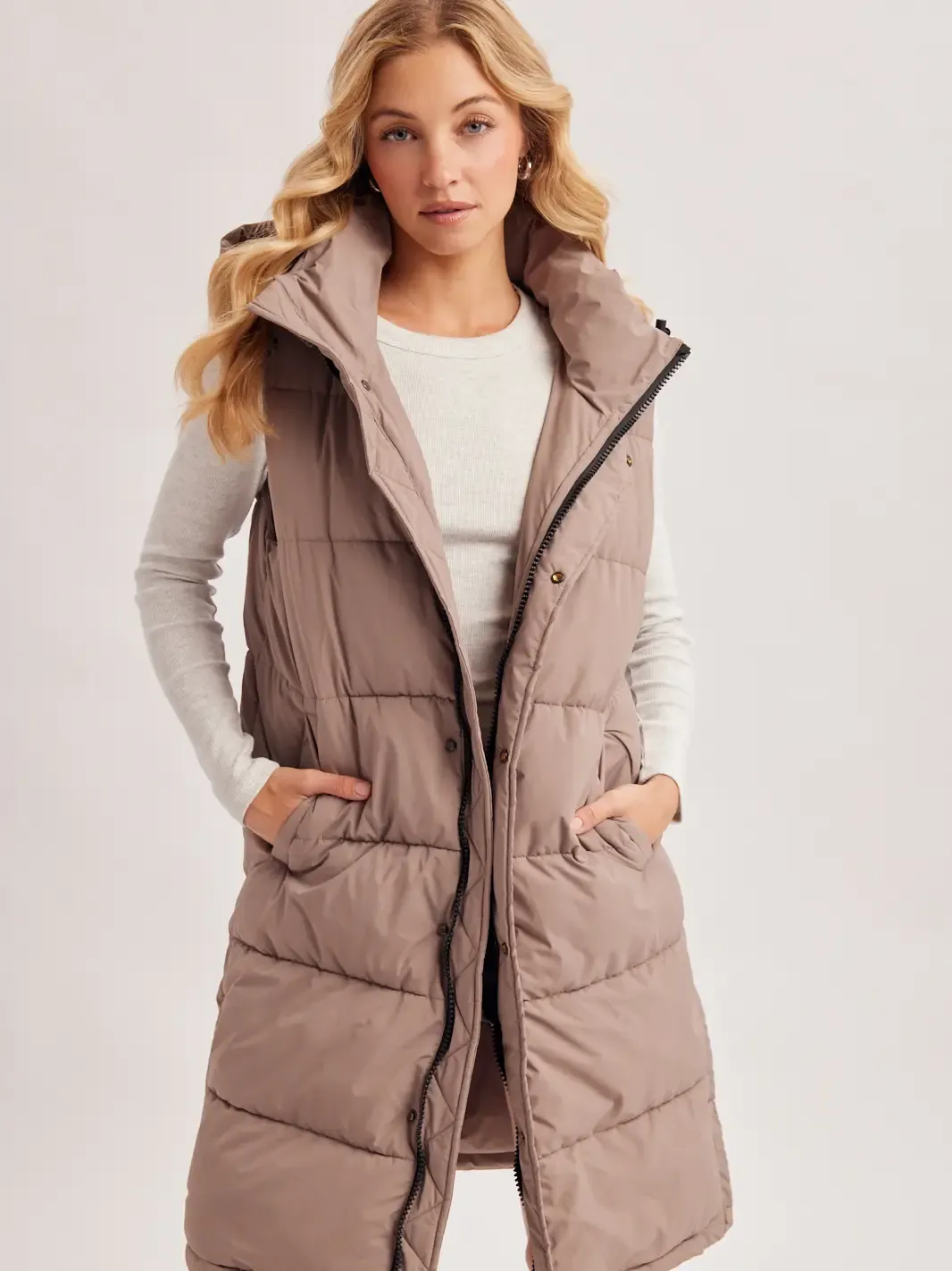 Detachable Hood Zipper Longline Quilted Puffer Vest