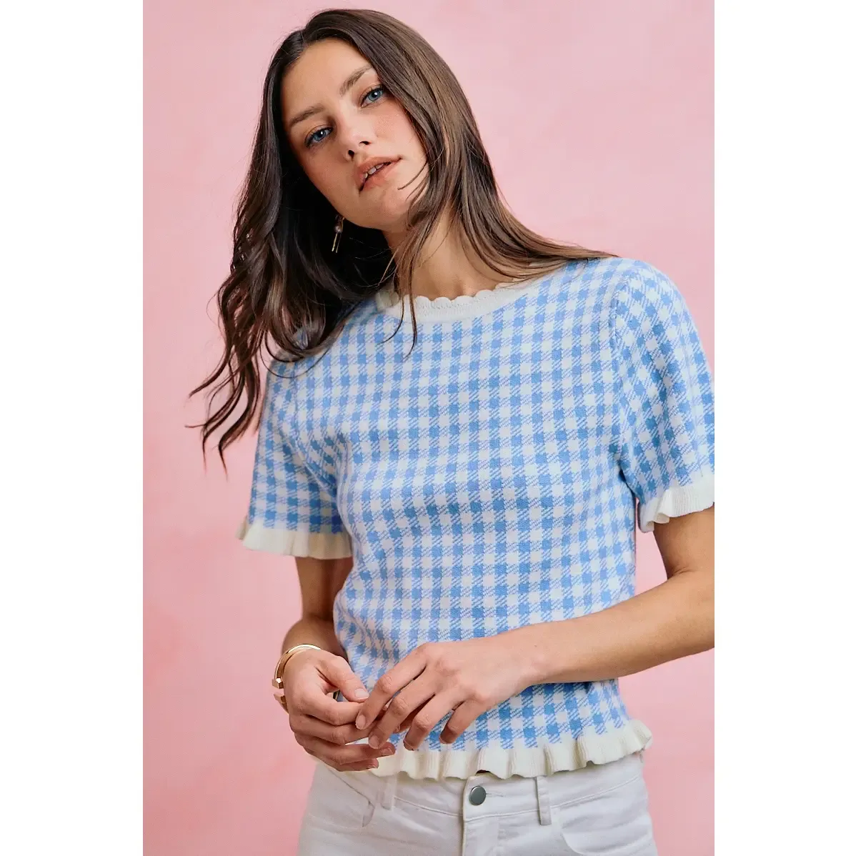 Gingham Knit Ruffled Short Sleeves Sweater Top