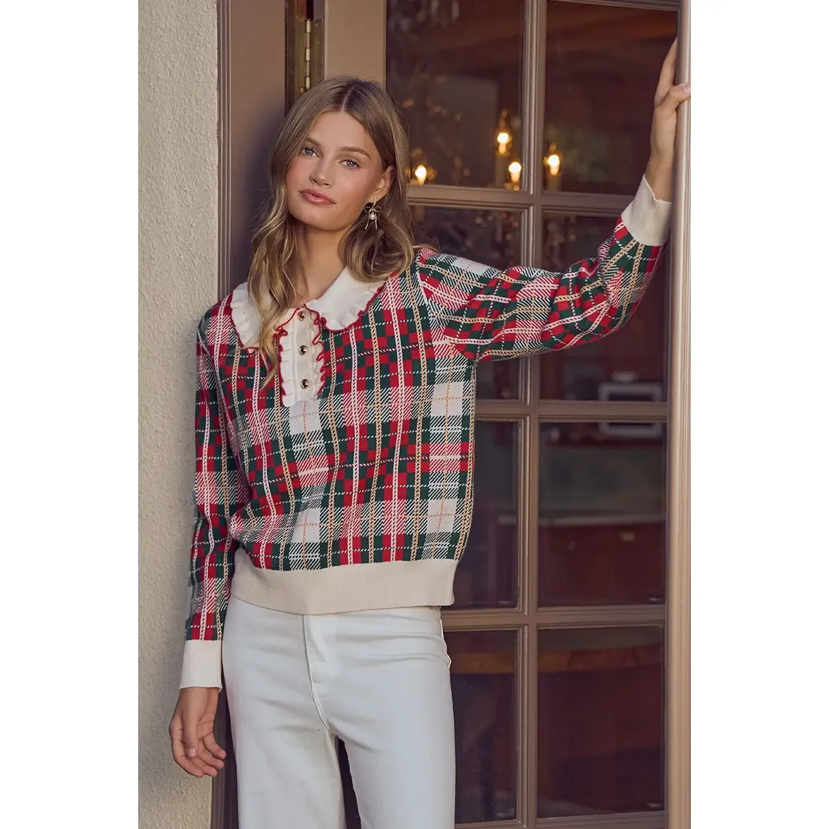 Vintage Christmas Tartan Plaid Ruffle Collar Sweater