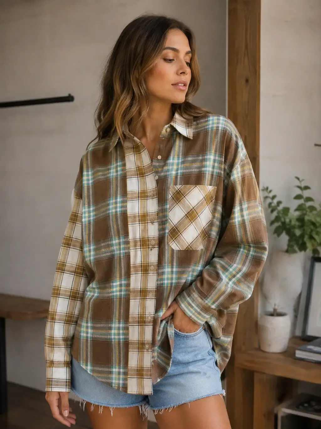 Oversized Plaid Button Down Flannel Shirt Brown