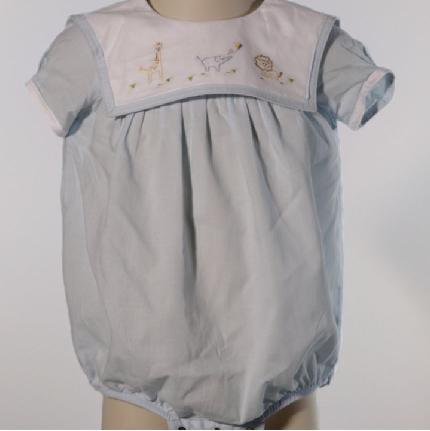 Blue Baby Boy Bubble with Hand-Embroidered Animals