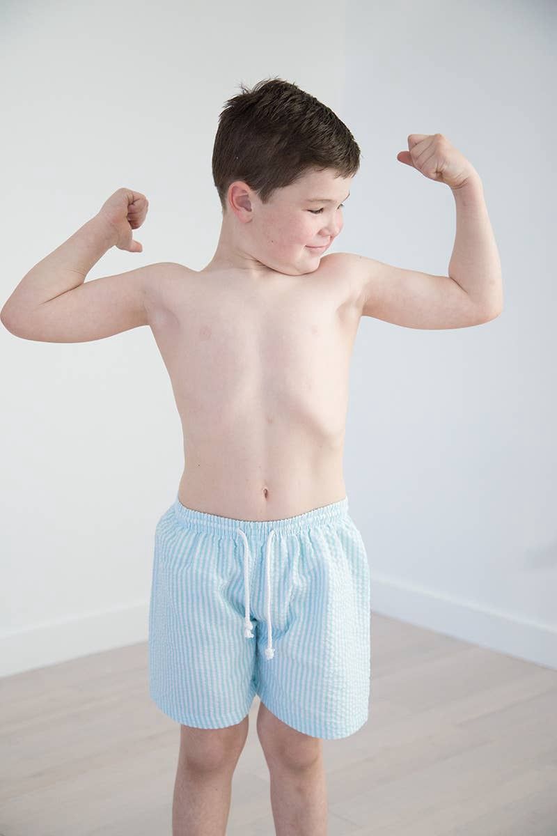 Boys Seersucker Swim Trunks - Aqua