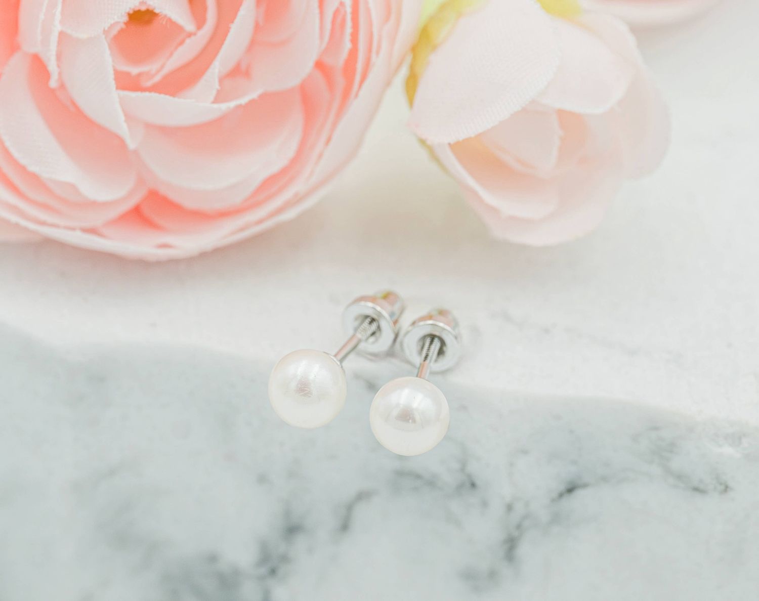 Sterling Silver Screw-Back White Pearl Earrings for Children