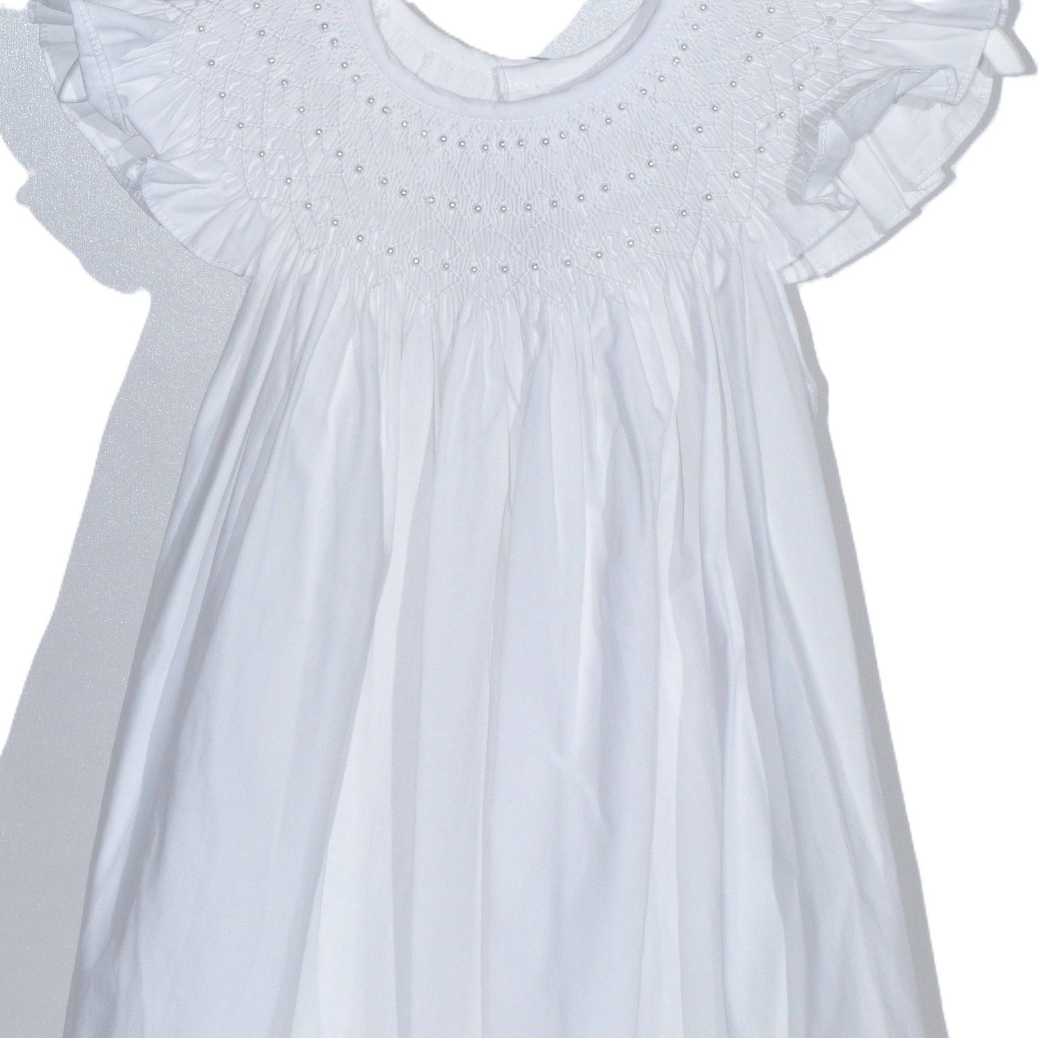 White Geometric Smocked with Pearl Angle Wing Sleeve Dress