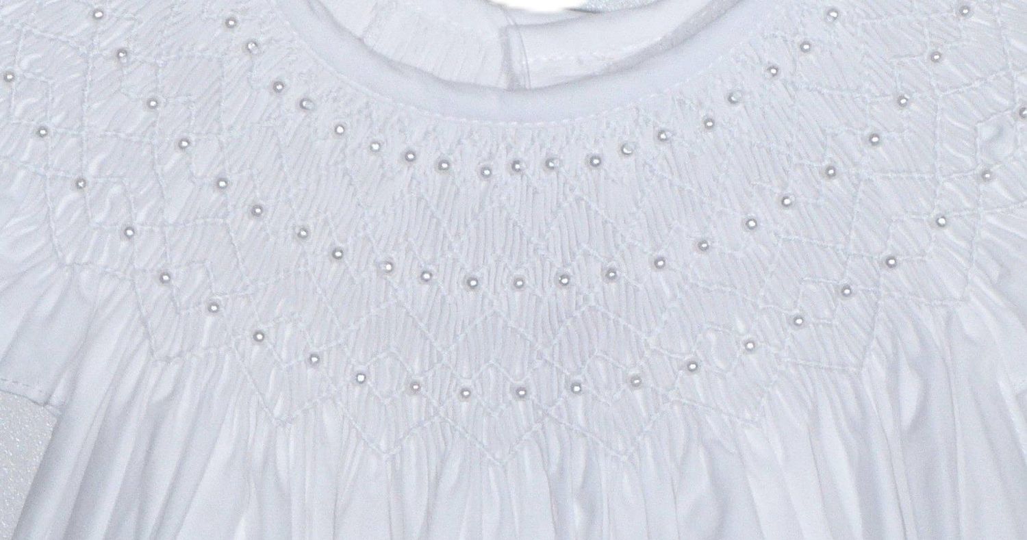 White Geometric Smocked with Pearl Angle Wing Sleeve Dress