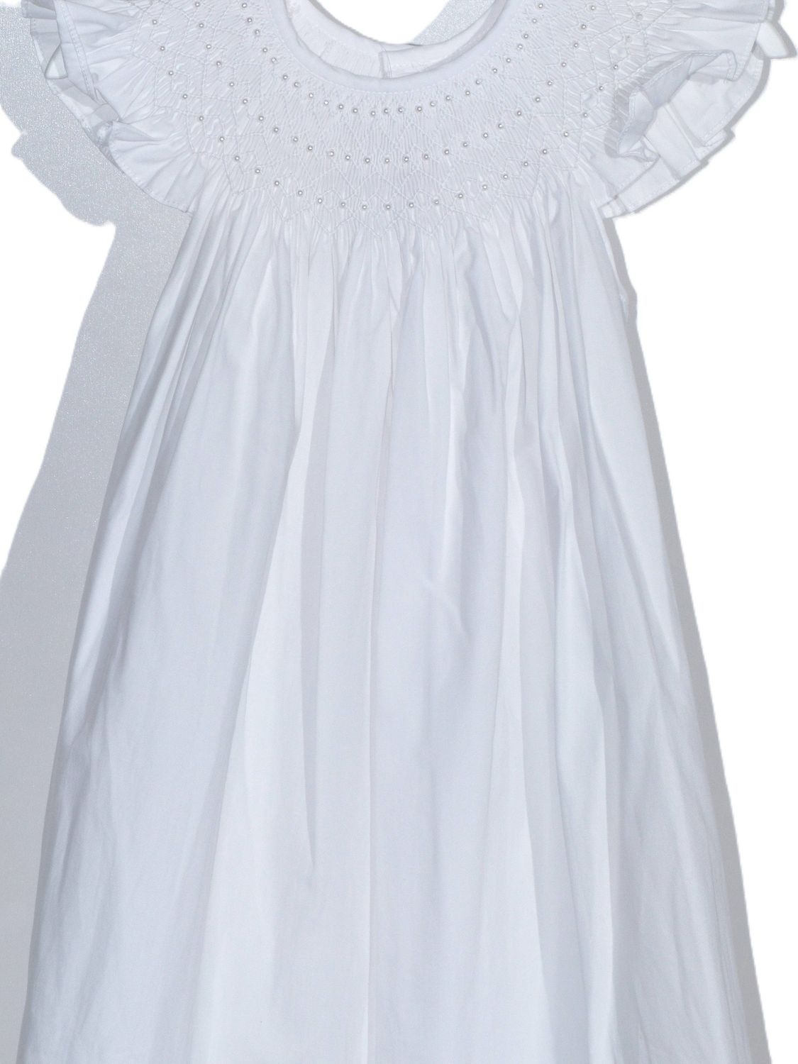 White Geometric Smocked with Pearl Angle Wing Sleeve Dress