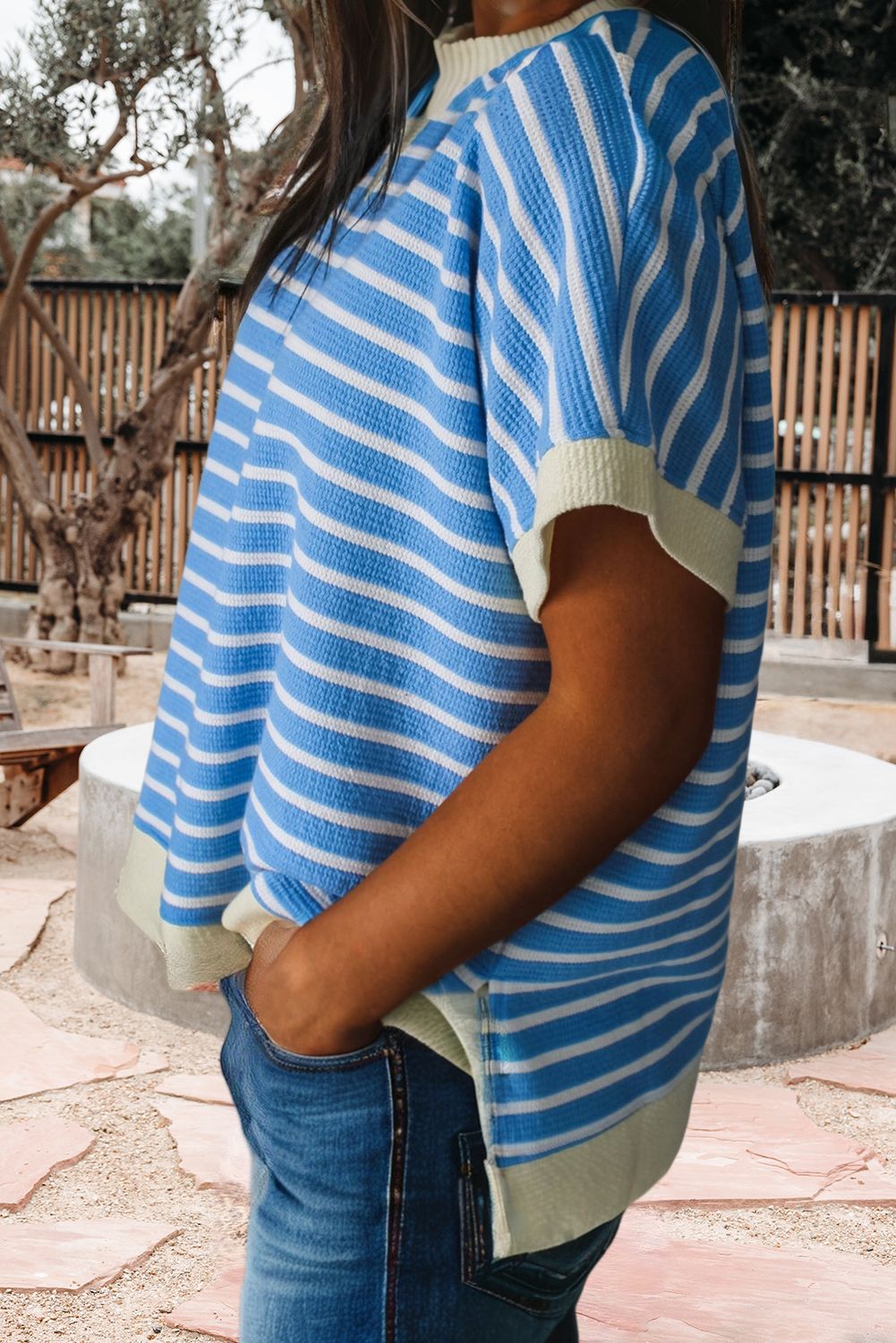 Stripe Contrast Trim Loose Short Sleeve Top (S-XL)