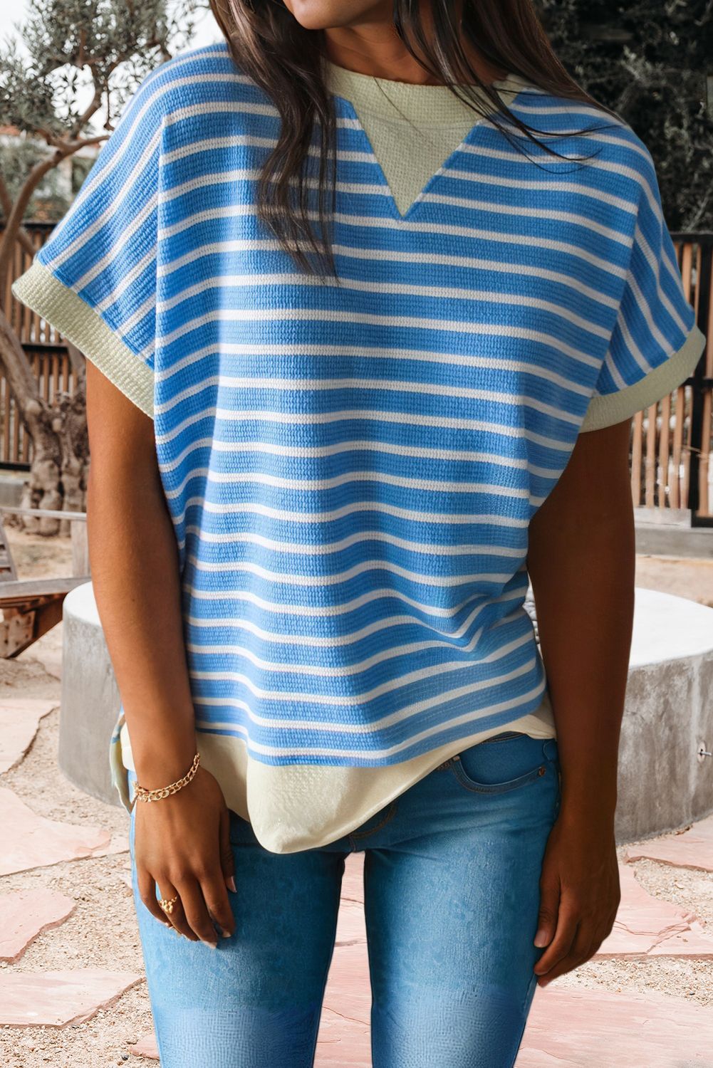 Stripe Contrast Trim Loose Short Sleeve Top (S-XL)