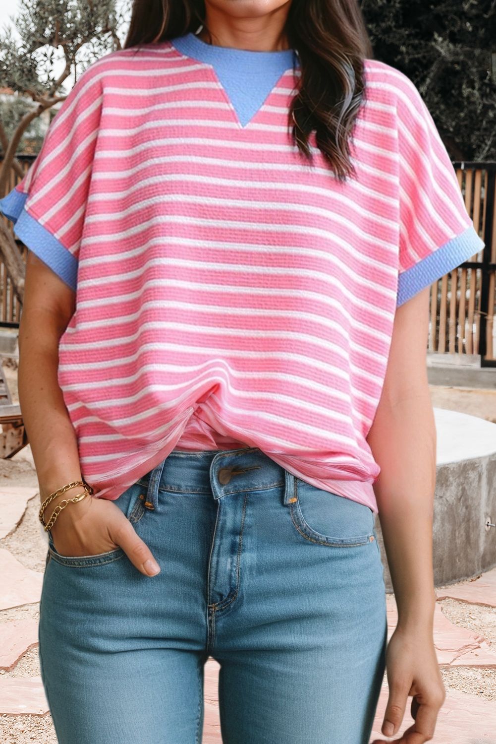 Stripe Contrast Trim Loose Short Sleeve Top (S-XL), Color: Pink, Fit: Missy, Size: L