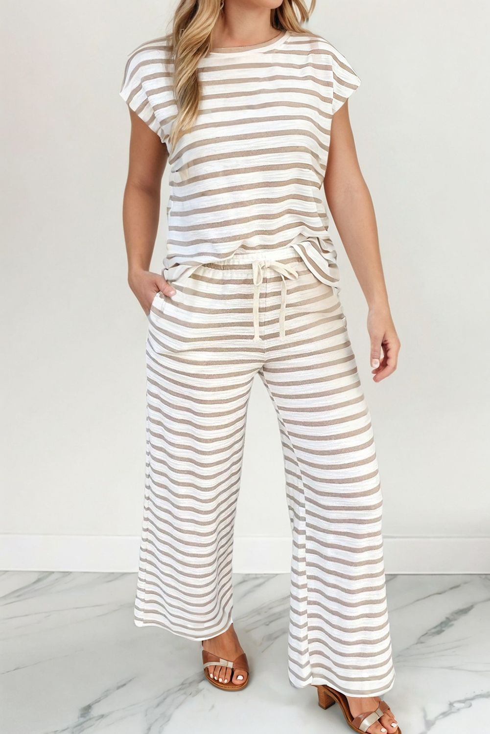 LAS Stripe Tee Drawstring Pants 2pcs Outfit (S-XL), Color: Khaki Stripe, Fit: Missy, Size: L
