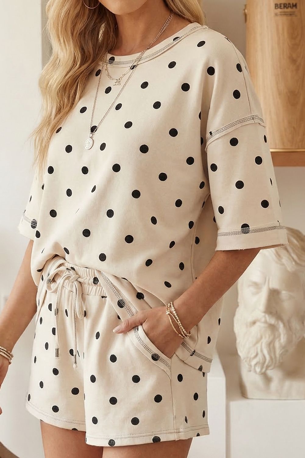 Exposed Seam Polka Dot Tee and Drawstring Shorts Set (S-XL)