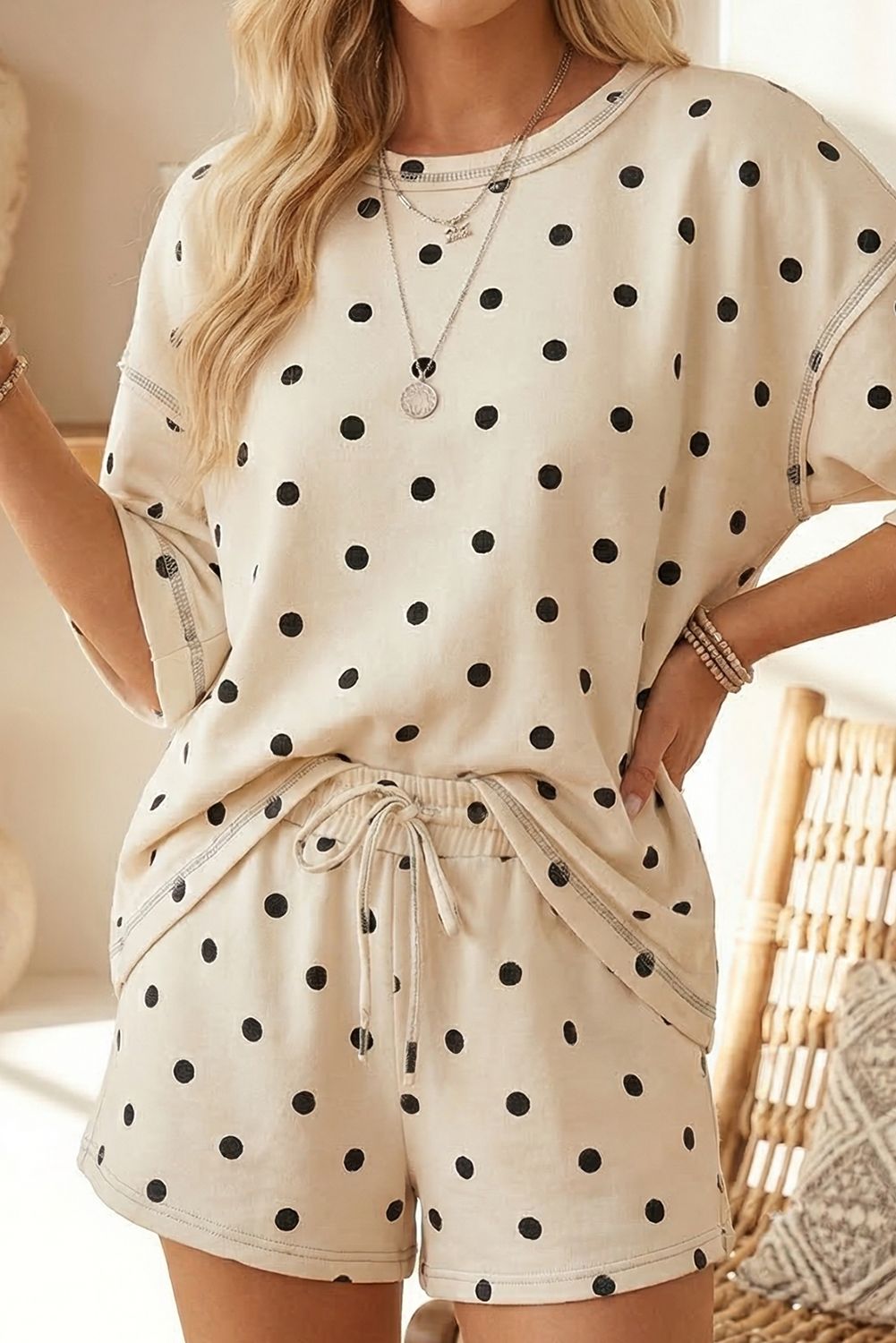 Exposed Seam Polka Dot Tee and Drawstring Shorts Set (S-XL)