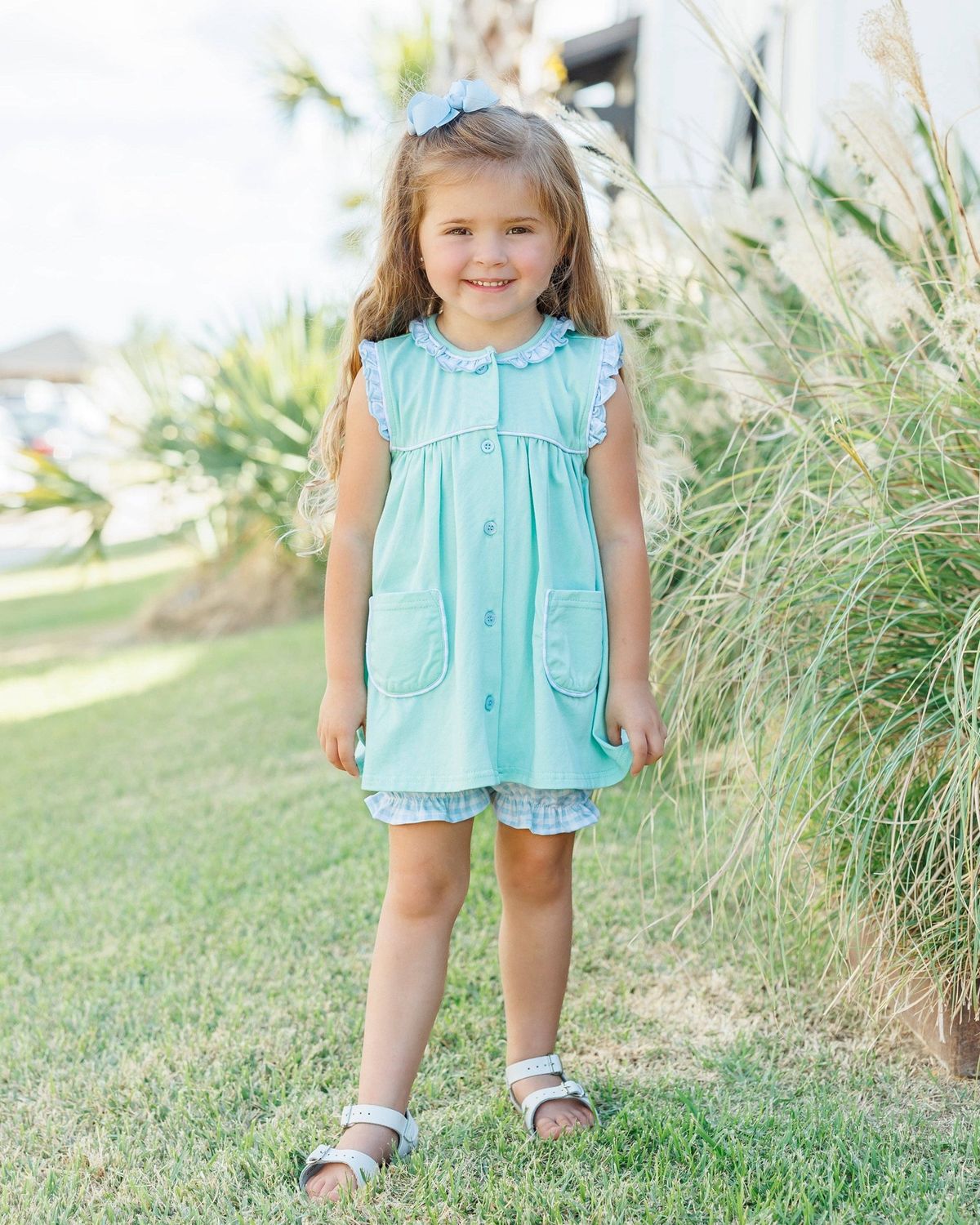 Harper Bloomer Set- Mint w/ Light Blue Gingham